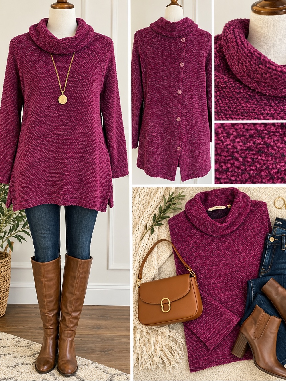 Soft Surroundings oversized tunic Raspberry Bouclé Cowl Pullover Sweater